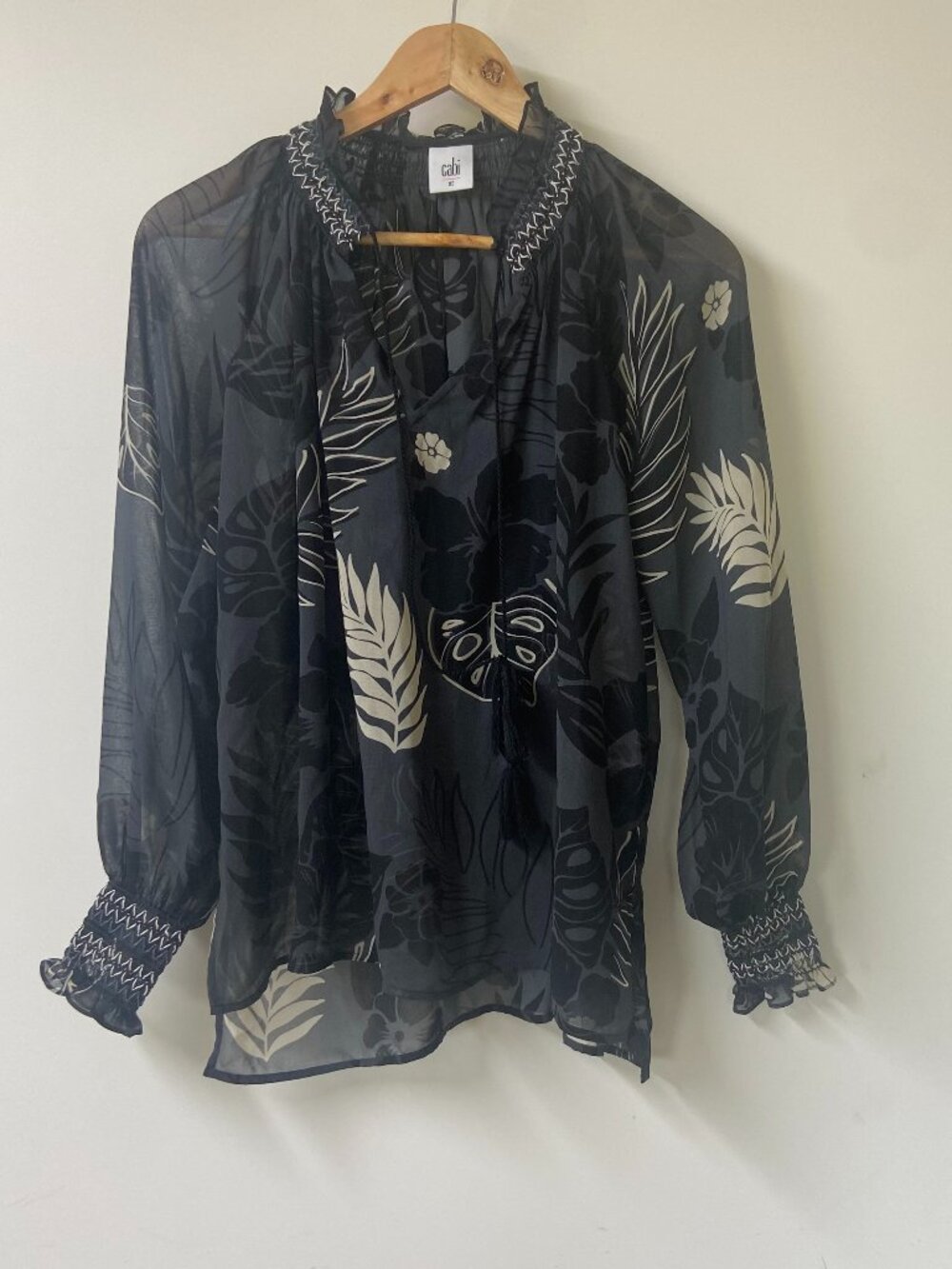 Cabi Women's Black Sheer Botanical Print Ruffled Neckline and Drawstring Top XS